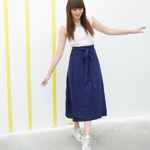 Ali Golden Blue Linen Blend Wrap Skirt LA Large